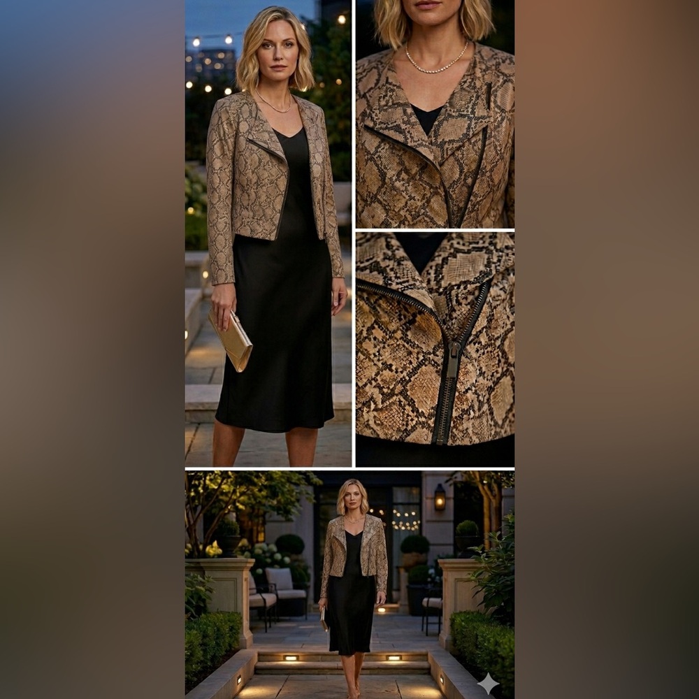 Pamela McCoy XL Snake-Print Asymmetrical Spring Moto Zip Jacket - Beige/Brown